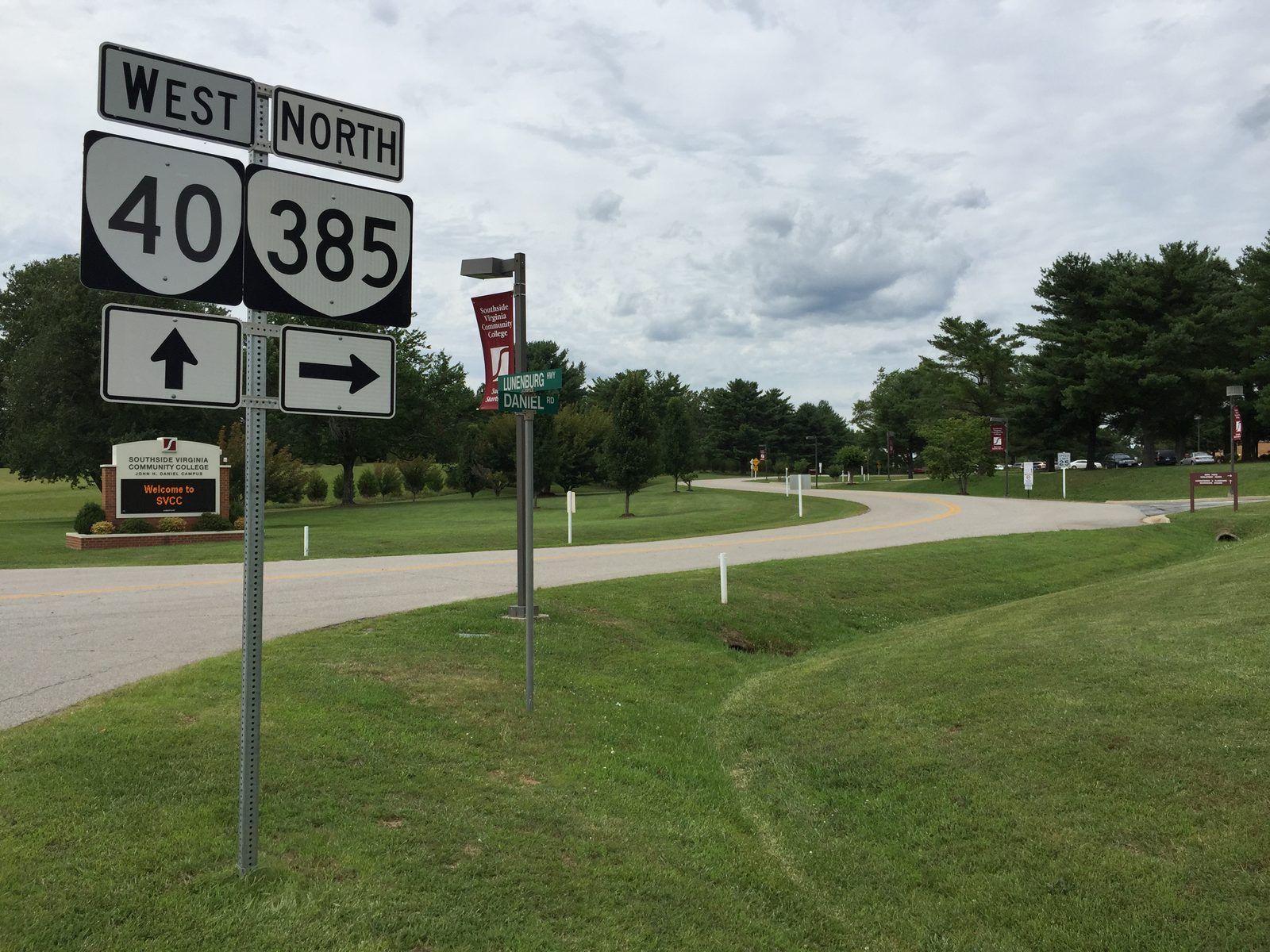 2017-06-27 15 37 03 View north along Virginia State Route 385 (Daniel Road) at Virginia State Route 40 (Lunenburg Highway) at the Southside Virginia Community College, John H. Daniel Campus just east of Keysville in Charlotte County, Virginia